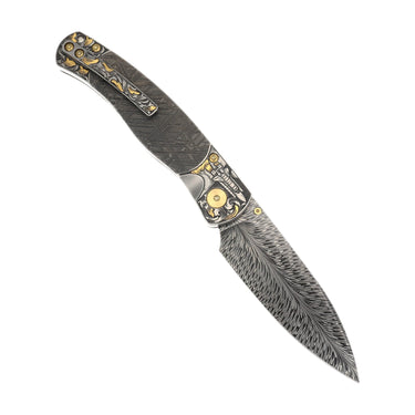 El Rey Feather Damascus Button Lock — Meteorite / Space Engraving — Back Open