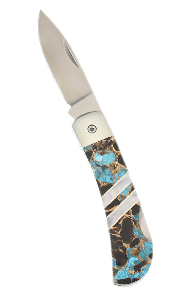 3" Lockback 440C Stainless Steel – Turquoise, Obsidian & Bronze — open