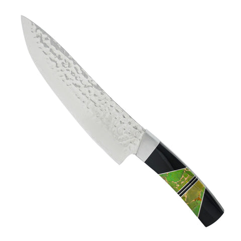 Hammered Damascus Jewelry Collection - Green Turquoise and Bronze with Jet - 8in Chefs Kitchen Knife