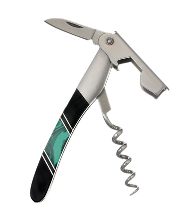 Stainless Steel Wine Opener – Malachite with Jet — open