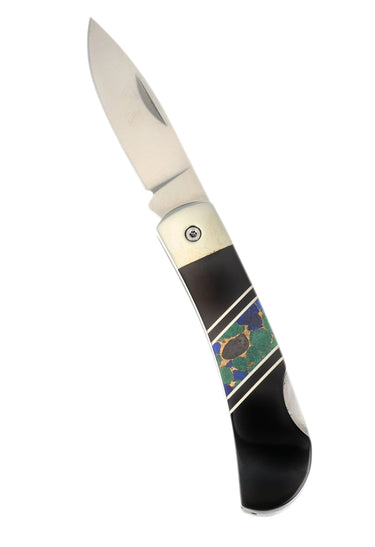 3" Lockback 440C Stainless Steel – Azurite & Bronze with Jet — open