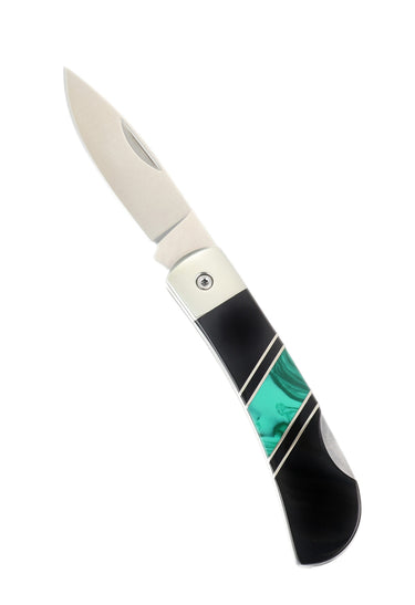 3" Lockback 440C Stainless Steel – Malachite with Jet — open