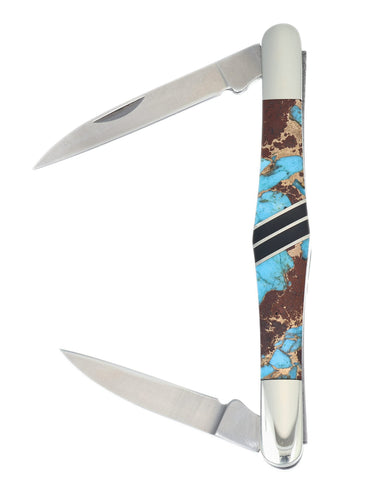 Two-Blade Tuxedo Knife – Turquoise, Lava Rock & Bronze with Jet — open
