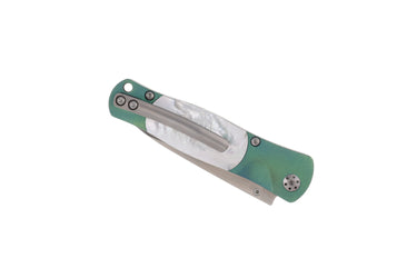 Tesoro VG-10 Button Lock – Mother of Pearl with Green Anodized Titanium Frame — back