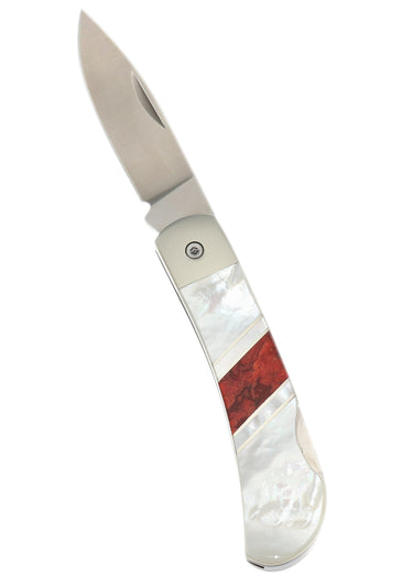 3" Lockback 440C Stainless Steel – Red Coral with Mother of Pearl — open