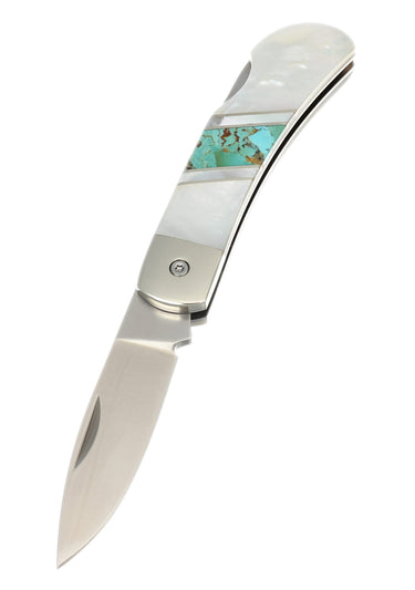 3" Lockback 440C Stainless Steel – Turquoise with Mother of Pearl — open, blade down