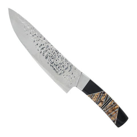 Hammered Damascus - Woolly Mammoth Fossilized Tooth with Jet - 8in Chefs Kitchen Knife
