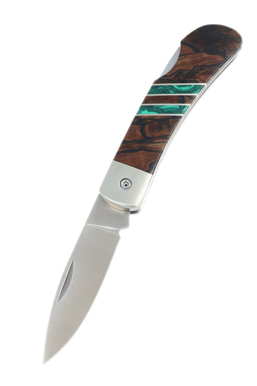 3" Lockback 440C Stainless Steel – Spalted Beech with Malachite — open, blade down