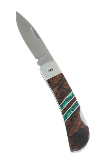 3" Lockback 440C Stainless Steel – Spalted Beech with Malachite — open