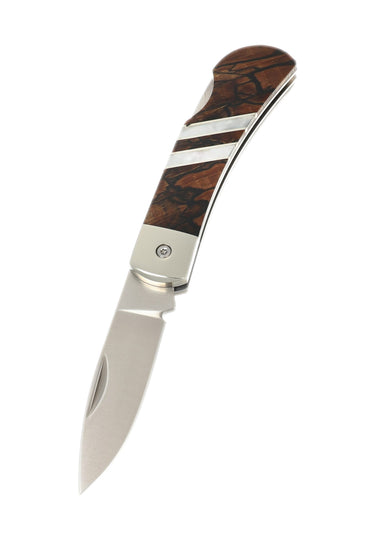 3" Lockback 440C Stainless Steel – Spalted Beech with Mother of Pearl — open, blade down