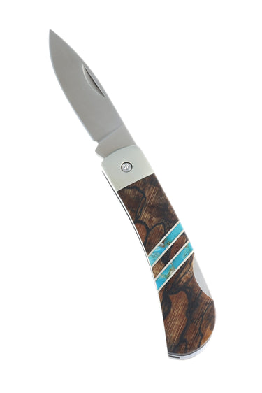 3" Lockback 440C Stainless Steel – Spalted Beech with Turquoise — open