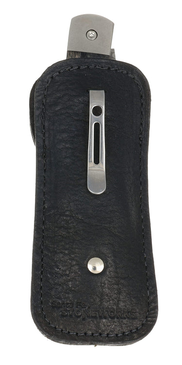 American Buffalo Hide Knife Pouch with Pocket Clip — black, back with pocket clip