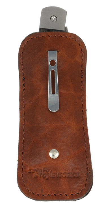 American Buffalo Hide Knife Pouch with Pocket Clip — brown, back with pocket clip