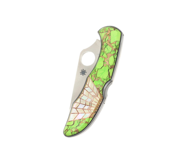 Spyderco Delica — Plain Edge | Mohave Neon Green Dahlia Stone with Gold Lip Mother of Pearl Web Inlay