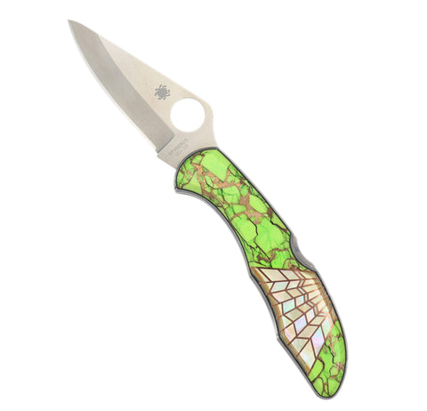 Spyderco Delica — Plain Edge | Mohave Neon Green Dahlia Stone with Gold Lip Mother of Pearl Web Inlay