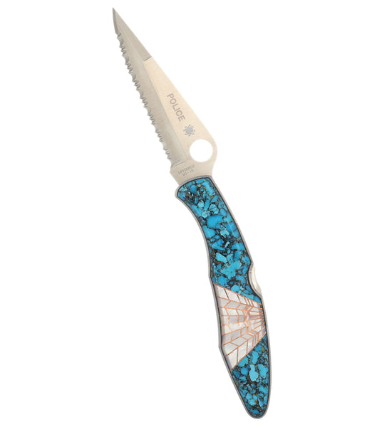 Spyderco Police — Serrated Edge | Bonita Blue Turquoise with Mother of Pearl Web Inlay
