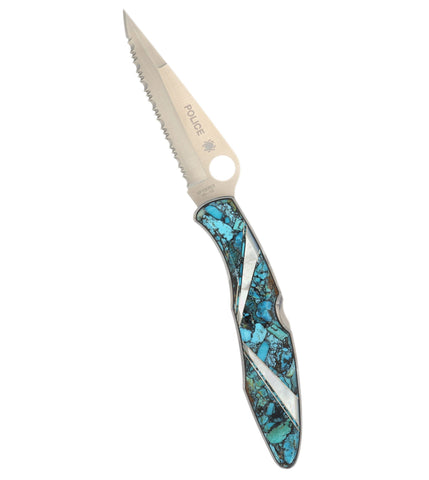 Spyderco Police — Serrated Edge | Bonita Blue Turquoise with Mother of Pearl Sweeps
