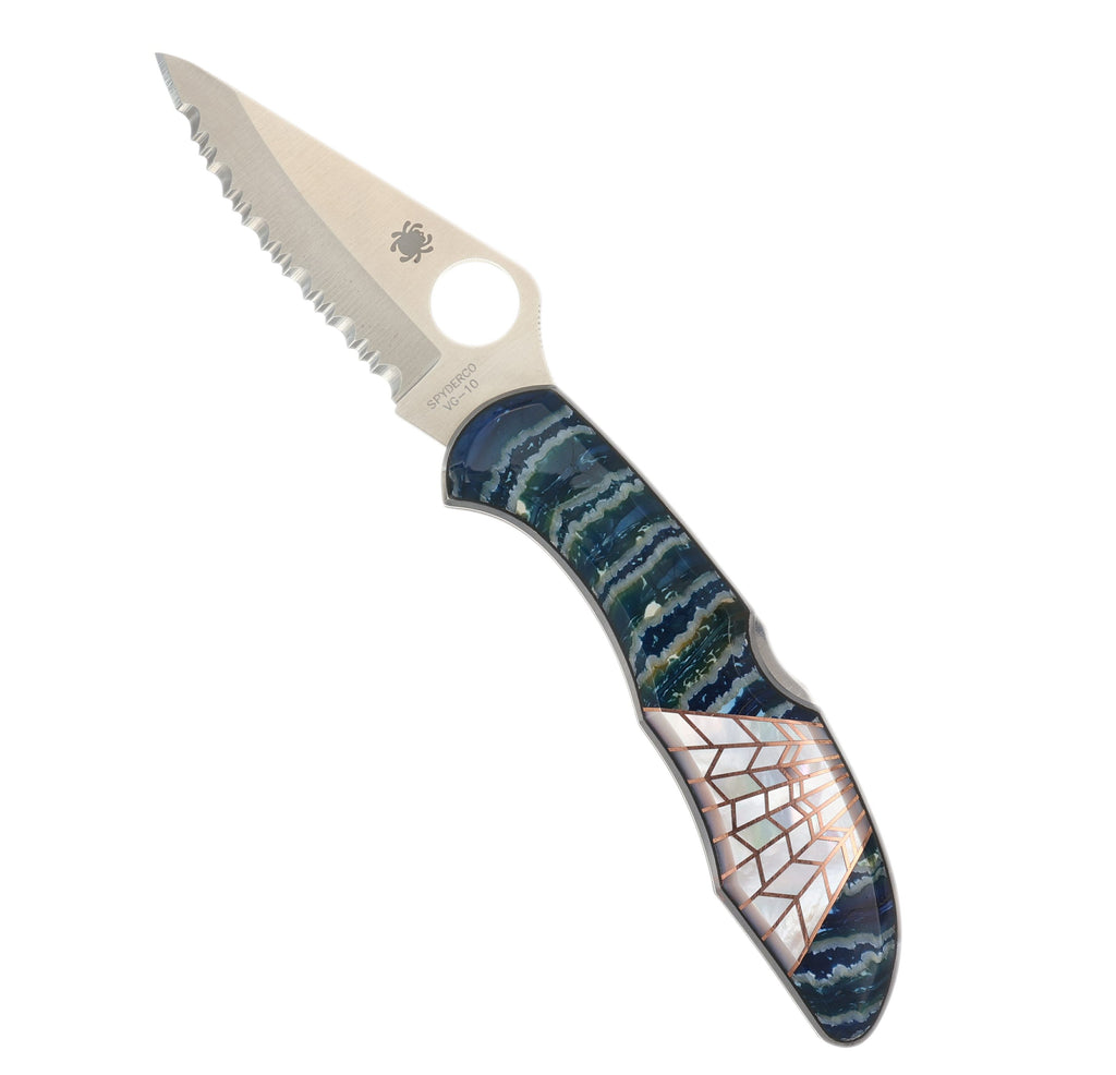 Spyderco Delica — Serrated Edge | Blue Mammoth Tooth with Mother of Pearl Web Inlay