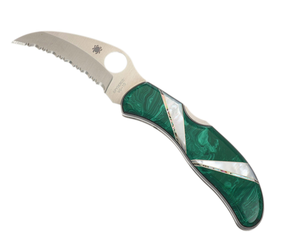 Spyderco Harpy — Serrated Edge | Malachite with Mother of Pearl Sweeps Inlay