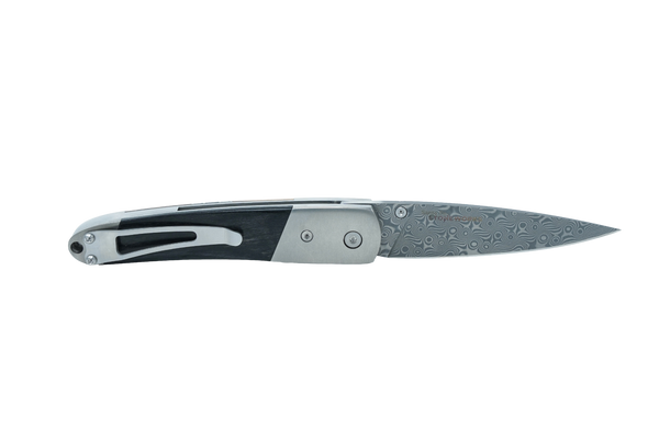 Titanium 4" Damascus Liner Lock Fossilized Mammoth Tusk