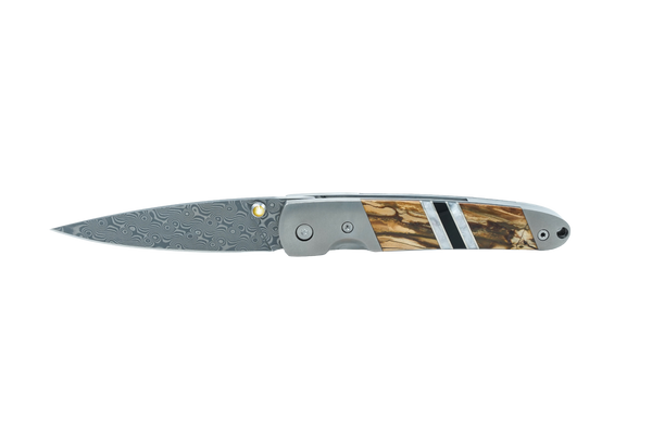Titanium 4" Damascus Liner Lock Fossilized Mammoth Tusk