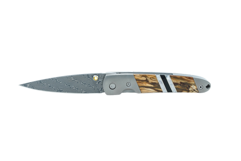 Titanium 4" Damascus Liner Lock Fossilized Mammoth Tusk