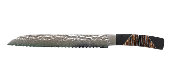 New Hammered Damascus Bread Knife with Natural Woolly Mammoth Molar and Jet