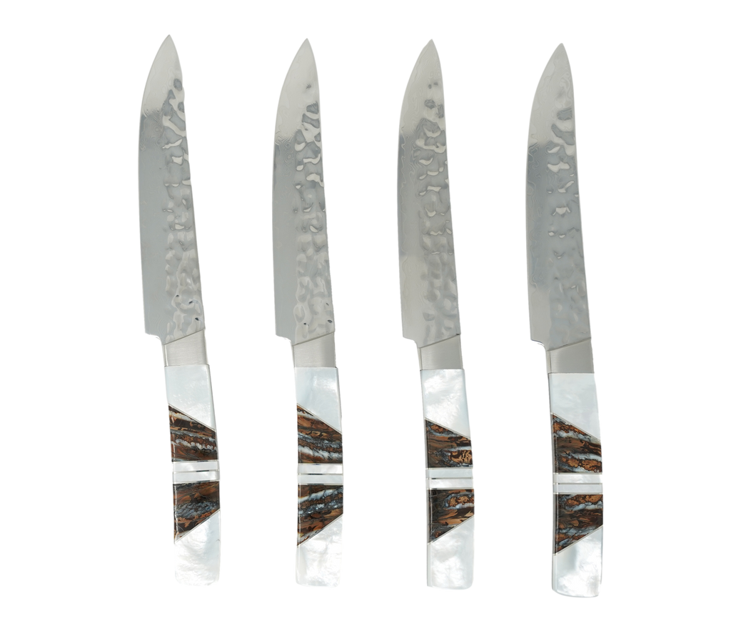 Mother of Pearl - Woolly Mammoth Tooth- Damascus Steak Knife Set