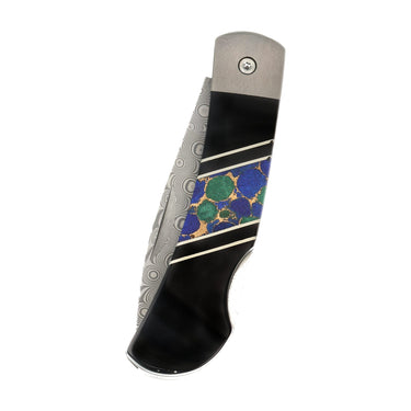 3" Damascus Lockback — Jet, Azurite, Bronze and Lapis — Closed