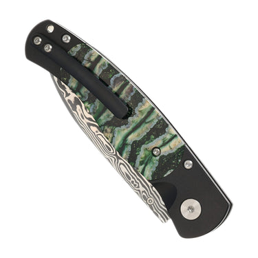 El Rey Damasteel Button Lock — Green Mammoth Tooth / Black Cerakote, Emerald Thumb Stud — Back
