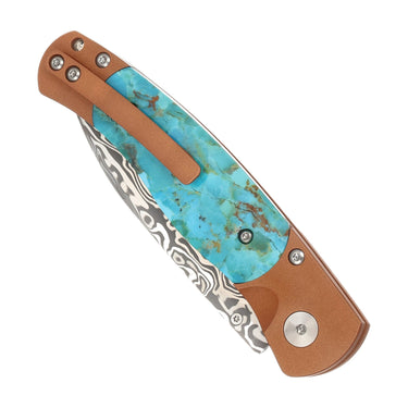 El Rey – Titanium Button Lock Damasteel with Kingman Blue/Green Turquoise, back