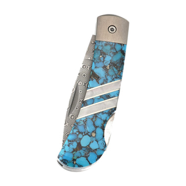 3" Lockback 110-Layer Stainless Damascus – Bonita Blue Turquoise — closed