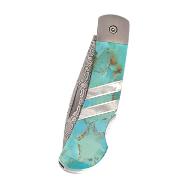 3" Lockback 110-Layer Stainless Damascus – Kingman Turquoise — closed