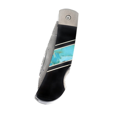3" Lockback 110-Layer Stainless Damascus – Kingman Turquoise with Jet — closed