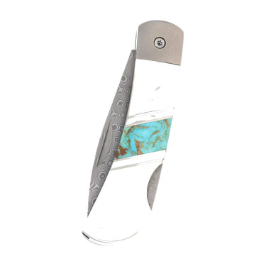3" Lockback 110-Layer Stainless Damascus – Kingman Turquoise with Mother of Pearl — closed
