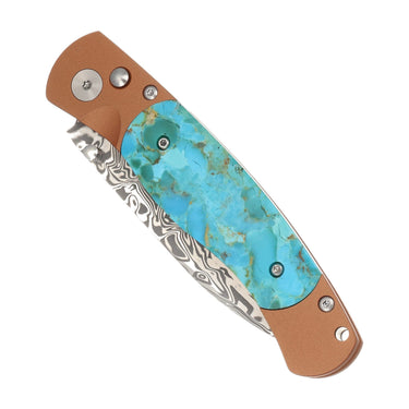 El Rey – Titanium Button Lock  Damasteel with Kingman Blue/Green Turquoise — DGE02-#1TQ-CERA-COPPER CLOSED