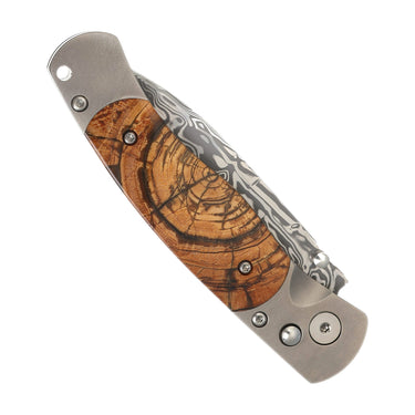 El Rey –Titanium Button Lock with Damasteel with Carmel Fossilized Mammoth Tusk, closed