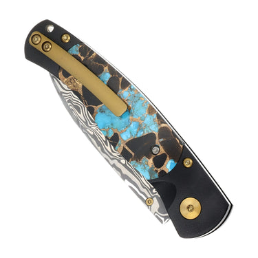 El Rey Damasteel Button Lock — Turquoise, Obsidian and Bronze / Black Cerakote, Gold PVD Hardware — Closed Back