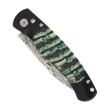 El Rey Damasteel Button Lock — Green Mammoth Tooth / Black Cerakote, Emerald Thumb Stud — Closed