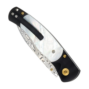 El Rey Damasteel Button Lock — Mother-of-Pearl / Black Cerakote, Gold PVD Hardware — Back