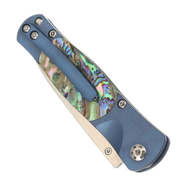 Tesoro Button Lock 3½" — Abalone / Blue Anodized Frame — Back