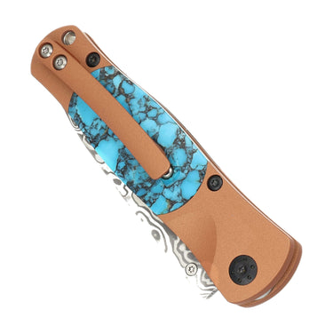 Tesoro Damasteel Button Lock 3½" — Kingman Turquoise #3 / Copper Cerakote — Closed Back