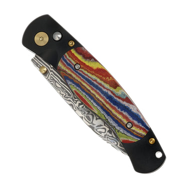 El Rey Damasteel Button Lock – Corvette Fordite, Black Cerakote & Gold PVD Hardware, Black Diamond — studio view