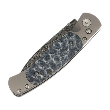 El Rey Feather Damascus Button Lock – Black Fossil Coral & Black Diamond Thumb Stud — closed