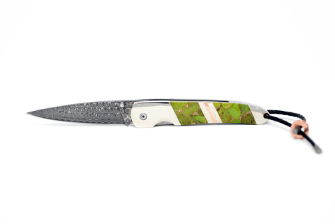 4" Liner Lock - Rain Drop Damascus - Mohave Green Turquoise Bronze w/ Copper and Gold Lip and Mother of Pearl Stripes