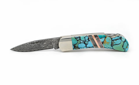3" Lockback - Rain Drop Damascus - Kingman Blue/Green with Black Matrix/Copper and Black Lip Mother of Pearl Strips