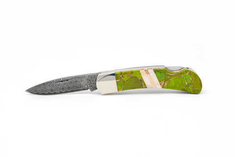 3" Lockback - Rain Drop Damascus - Mohave Green Turquoise Bronze w/ Copper and Gold Lip Mother of Pearl Strips