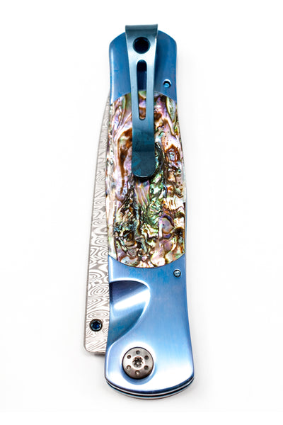 Tesoro Button Lock: Damasteel with Abalone W/Pocket Clip