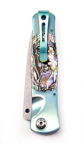 Tesoro Button Lock: Damasteel with Abalone W/Pocket Clip