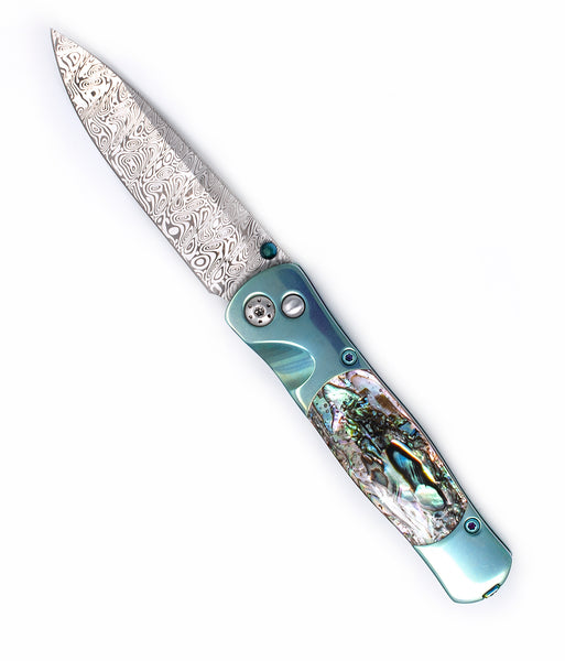 Tesoro Button Lock: Damasteel with Abalone W/Pocket Clip